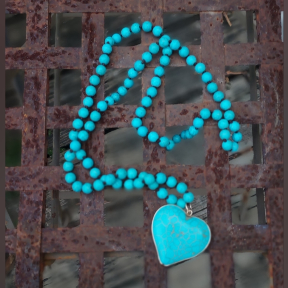 Turquoise Heart stone gem Pendant Necklace gypsy boho